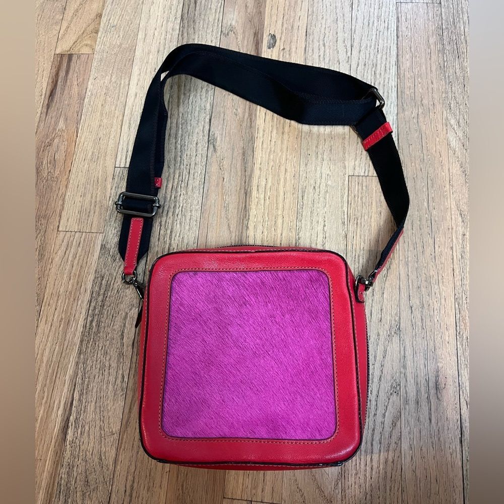 Meredith Wendell pink and red square pony hair square bag